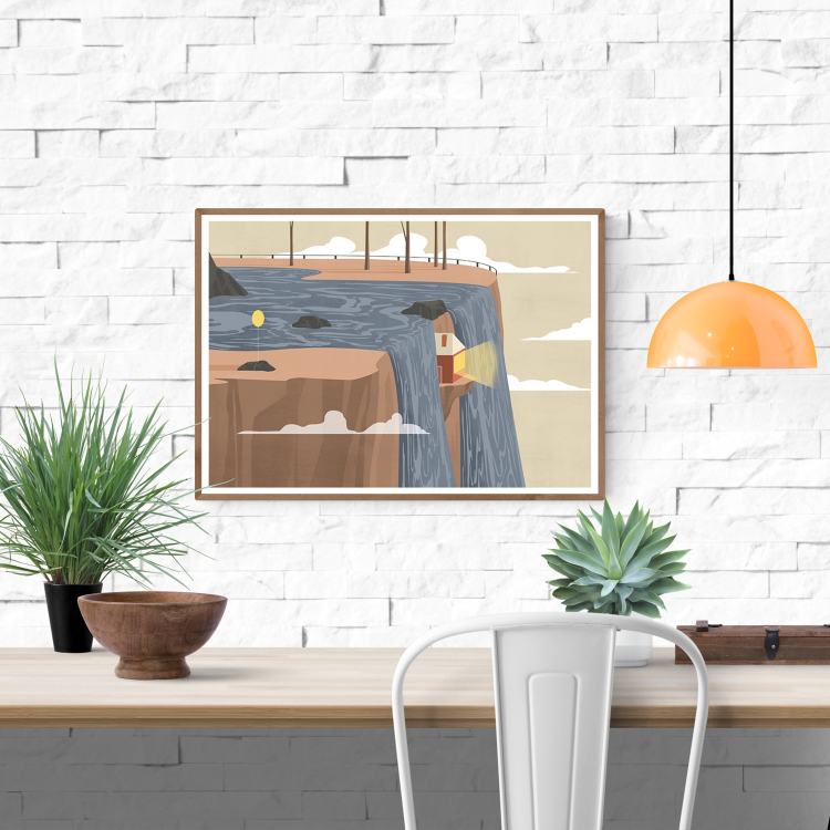 Giclée art print “Water View” by Ana Yael, showing a surreal house built into a waterfall cliff with a glowing window beam, printed on 192g Epson Enhanced Matte paper. A dreamlike and conceptual illustration.