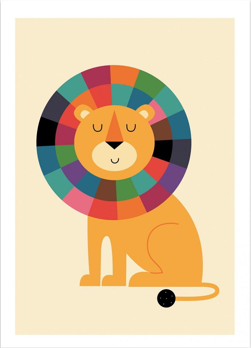 Mister Confidence by Andy Westface – 30x40 cm children’s wall art print featuring a minimalist cartoon lion with a multicolored mane, closed eyes, and a peaceful smile. Playful and colorful illustration for kids’ rooms and modern interiors.