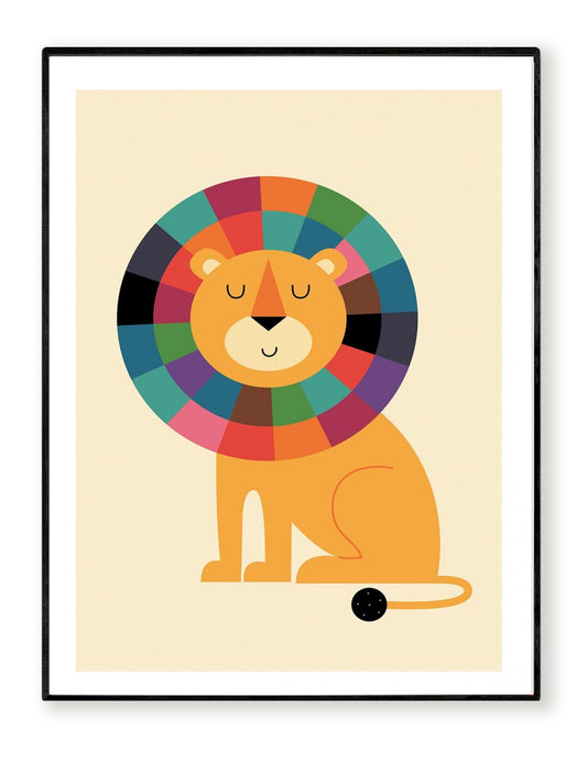 Mister Confidence by Andy Westface – 30x40 cm children’s wall art print featuring a minimalist cartoon lion with a multicolored mane, closed eyes, and a peaceful smile. Playful and colorful illustration for kids’ rooms and modern interiors.