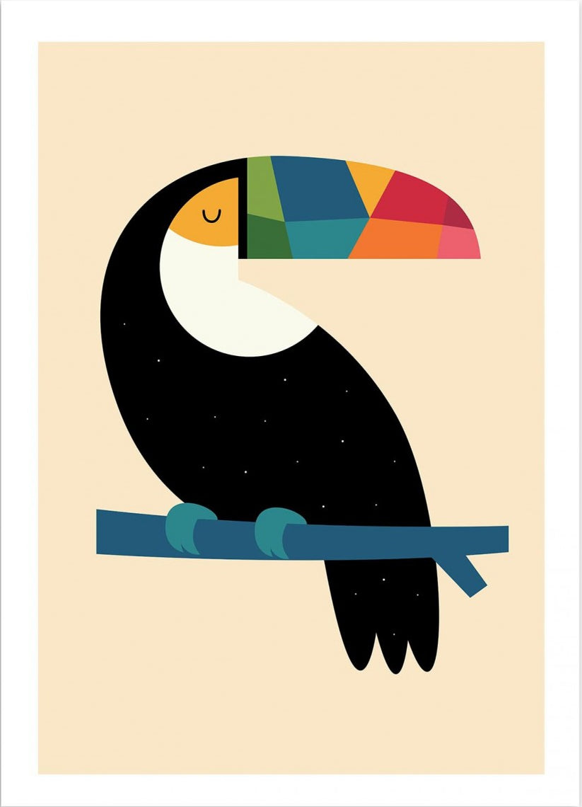Rainbow Toucan by Andy Westface – 30x40 cm art print of a toucan with a multicolored beak and starry black feathers, perched on a blue branch. Minimalist and playful wall art, ideal for children’s bedrooms and modern interiors.