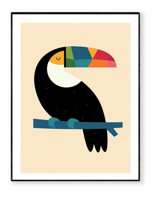 Rainbow Toucan by Andy Westface – 30x40 cm art print of a toucan with a multicolored beak and starry black feathers, perched on a blue branch. Minimalist and playful wall art, ideal for children’s bedrooms and modern interiors.