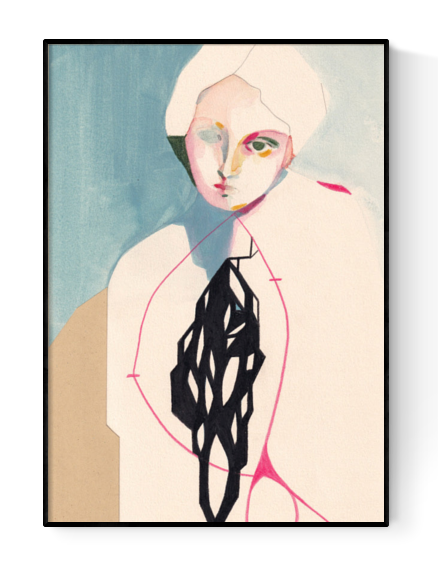 Elegant and emotional portrait of a woman with abstract geometric lines and muted pastel tones – Resilience by Ángel Hernández, 30 x 40 cm art print made in Italy, ideal for modern interiors and collectors of poetic figurative illustration.