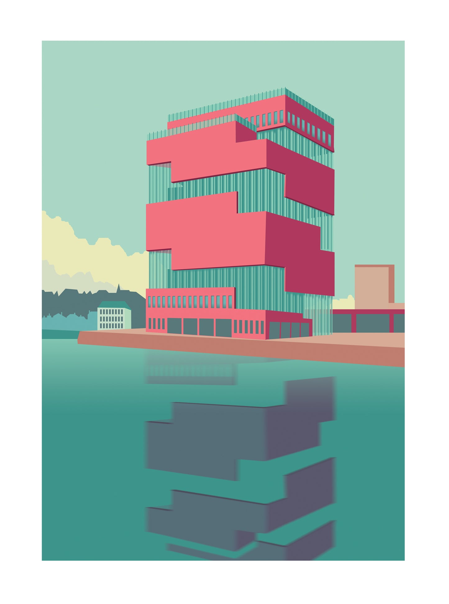 Architectural illustration art print MAS Antwerp by Studio Frits showing the iconic MAS museum building reflected in calm turquoise water.