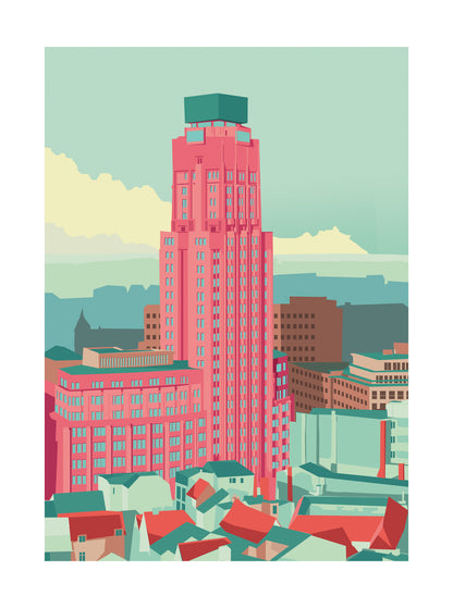 Boerentoren Antwerp illustration by Studio Frits – colorful modern art print of the iconic Art Deco skyscraper in Antwerp, Belgium, architectural wall art in pastel tones, perfect for urban design lovers, available at Galerie Frits