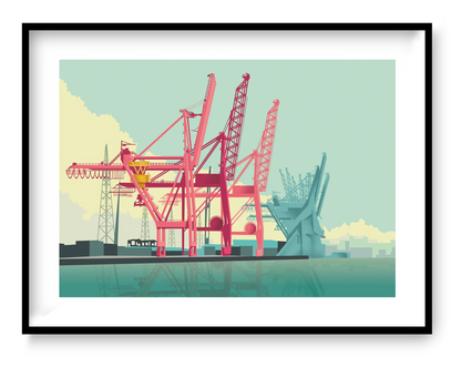 Striking graphic illustration by Studio Frits titled 'Antwerp Port,' featuring a bold composition of industrial cranes in vivid red and soft teal tones, set against a calm harbor with a pastel sky. This modern, stylized view of Belgium’s iconic port captures the scale, structure, and rhythm of maritime industry—ideal for contemporary interiors and urban art collectors