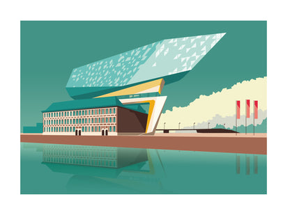 Digital illustration of the Havenhuis Antwerp building by Studio Frits – modern architectural landmark with futuristic glass design over historic base, reflected in turquoise water, printed as a 30x40 cm Belgian art print.