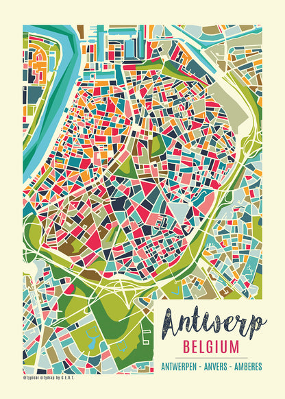 Colorful modern illustration of Antwerp city map by Studio Frits, featuring an abstract geometric layout of Belgium’s iconic port city. Urban wall art showcasing Antwerp's neighborhoods, streets, and river in vibrant colors. Perfect for travel lovers, map collectors, or contemporary home decor. Available as a high-quality art print at Galerie Frits