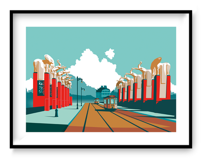 Graphic illustration of the historic Olifantenbrug bridge in Antwerp with elephant sculptures and tram tracks, architectural artwork by Studio Frits.