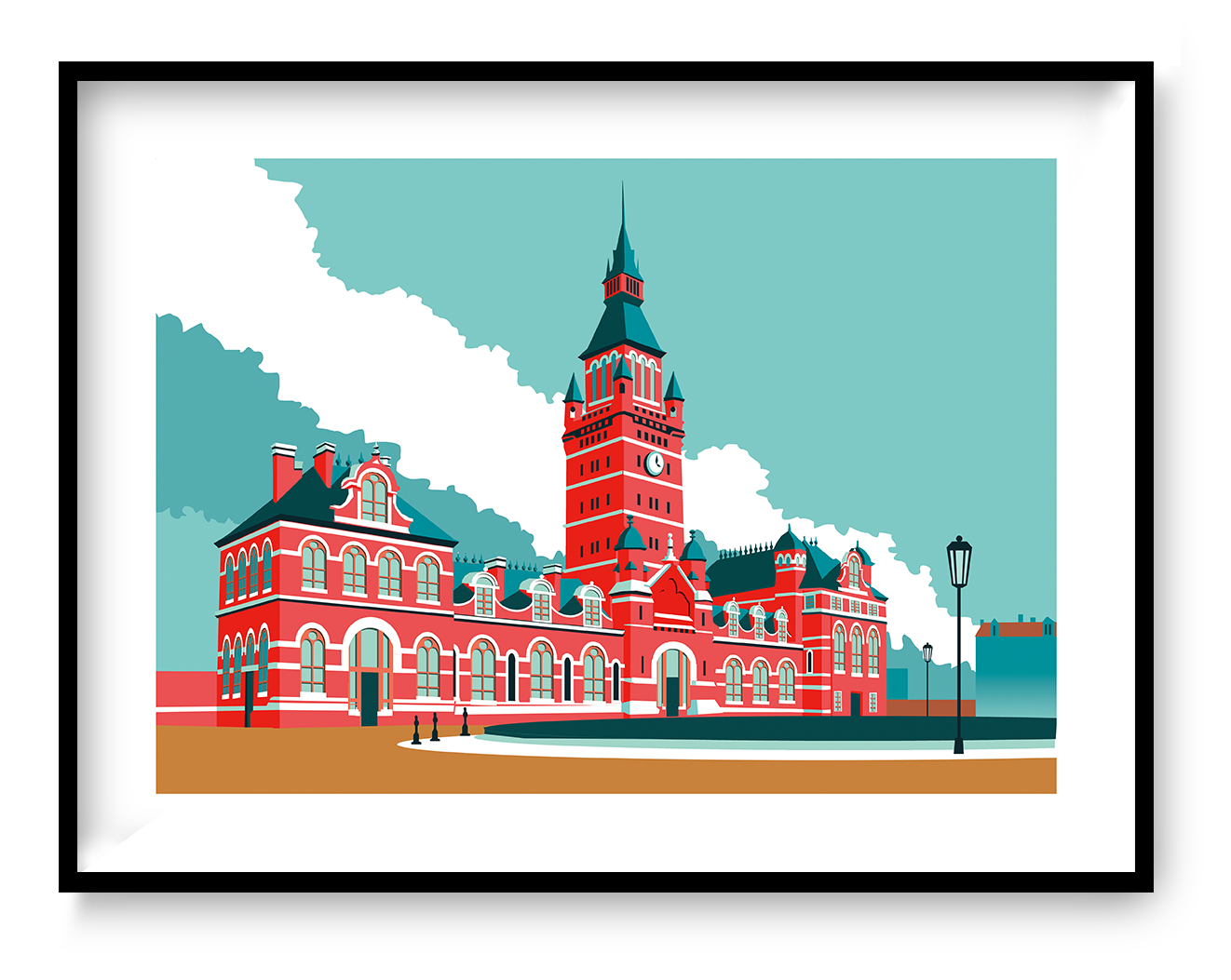 Graphic architectural illustration of historic Antwerpen Zuidstation railway station in Antwerp by Studio Frits, bold red building with tower in minimalist retro style.