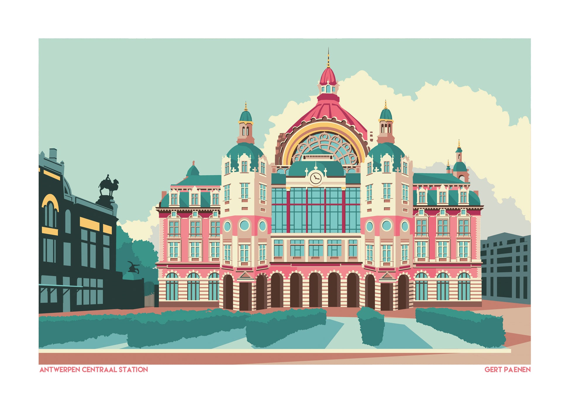 Central Station Antwerp art print by Studio Frits – vibrant architectural illustration of Antwerp's iconic train station in bold pastel tones. Perfect wall decor for architecture lovers, Belgium travel enthusiasts, and collectors of contemporary cityscape prints. Available exclusively at Galerie Frits