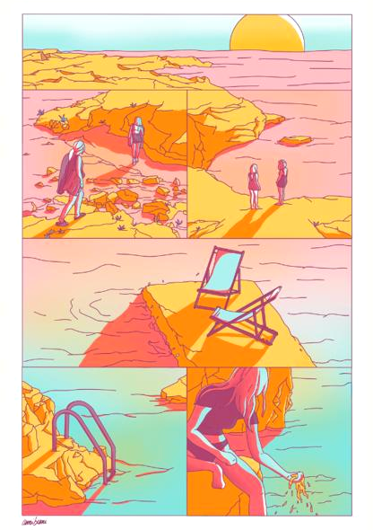 AOÛT 99 by Camille Berniard – limited edition 4-color risograph art print in warm pink, orange, and turquoise tones, depicting sunlit coastal scenes with figures and a deckchair. A nostalgic summer artwork on Munken Print White paper, signed and numbered by the French artist