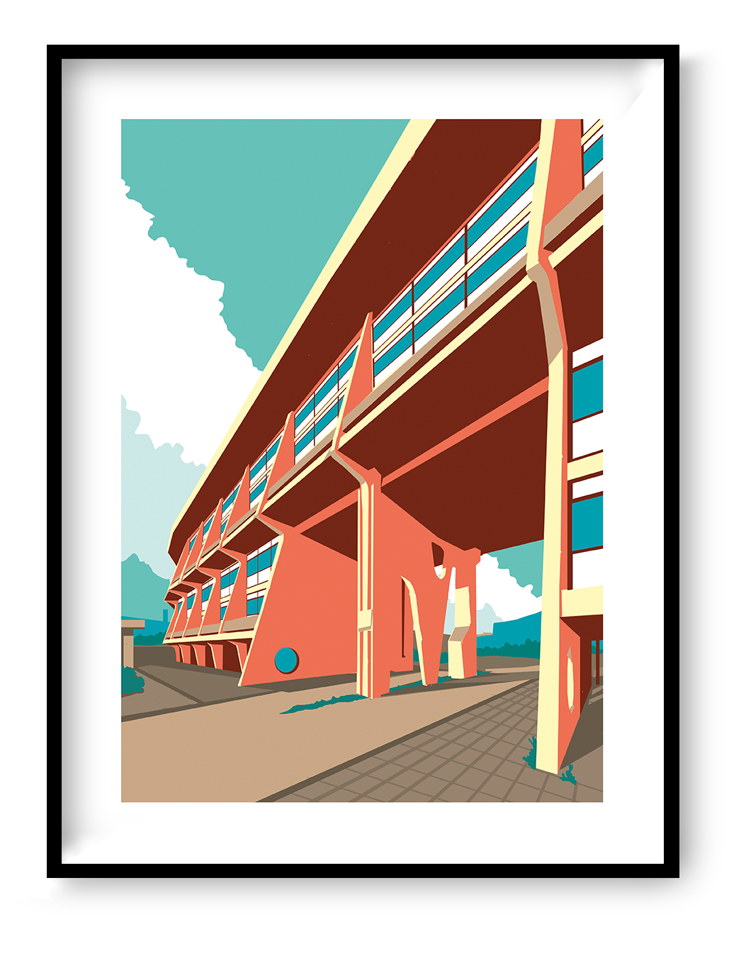 Graphic architectural illustration of Arenawijk Deurne social housing complex in Antwerp designed by modernist architect Renaat Braem in the 1960s, bold geometric building artwork by Studio Frits