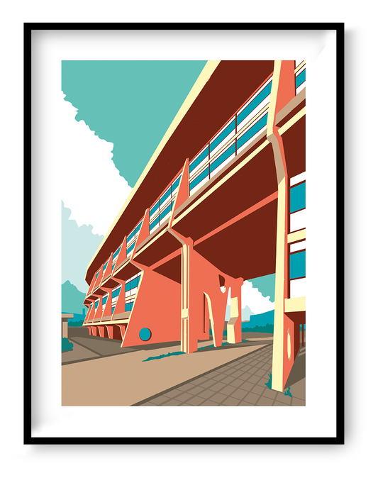 Graphic architectural illustration of Arenawijk Deurne social housing complex in Antwerp designed by modernist architect Renaat Braem in the 1960s, bold geometric building artwork by Studio Frits