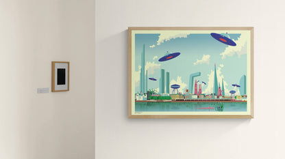 Futuristic illustration of Antwerp 2225 by Belgian artist Gert Paenen (Studio Frits), showing a colorful sci-fi city skyline with UFOs, sea monsters, and futuristic skyscrapers reflected in the Scheldt River – digital art print 50x70 cm available at Galerie Frits.