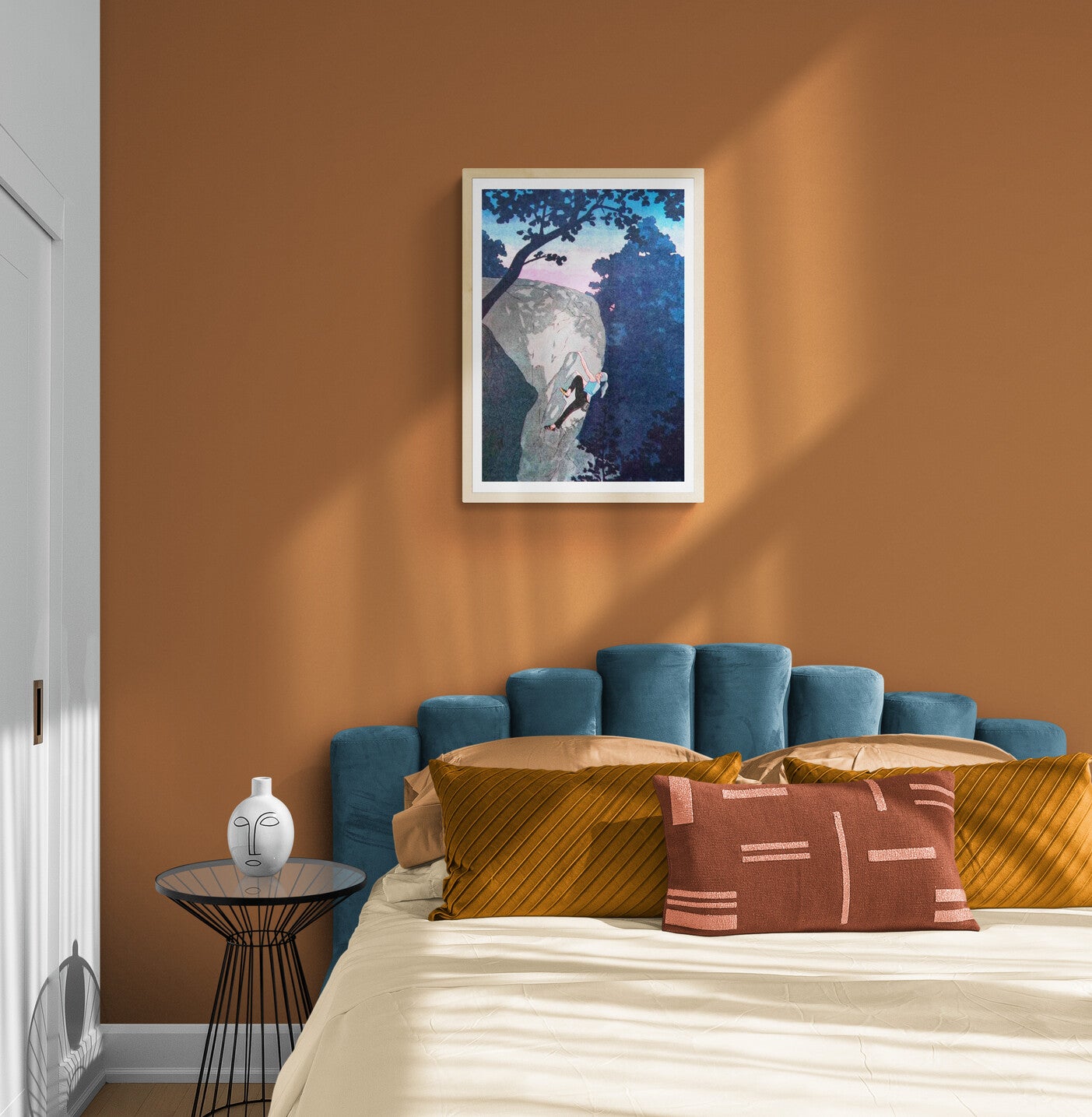 Expressive illustration by Victor Pellet titled 'Ascension Crépusculaire,' depicting a female rock climber ascending a rugged cliff face at dusk. Framed by silhouettes of trees and a soft pink-blue twilight sky, this atmospheric artwork captures the strength, solitude, and serenity of climbing in nature—ideal for outdoor enthusiasts, adventure art collectors, and modern interiors