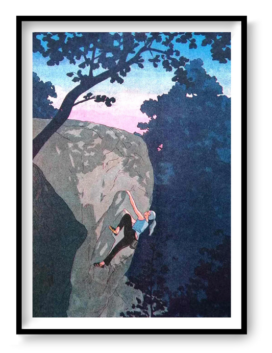 Expressive illustration by Victor Pellet titled 'Ascension Crépusculaire,' depicting a female rock climber ascending a rugged cliff face at dusk. Framed by silhouettes of trees and a soft pink-blue twilight sky, this atmospheric artwork captures the strength, solitude, and serenity of climbing in nature—ideal for outdoor enthusiasts, adventure art collectors, and modern interiors