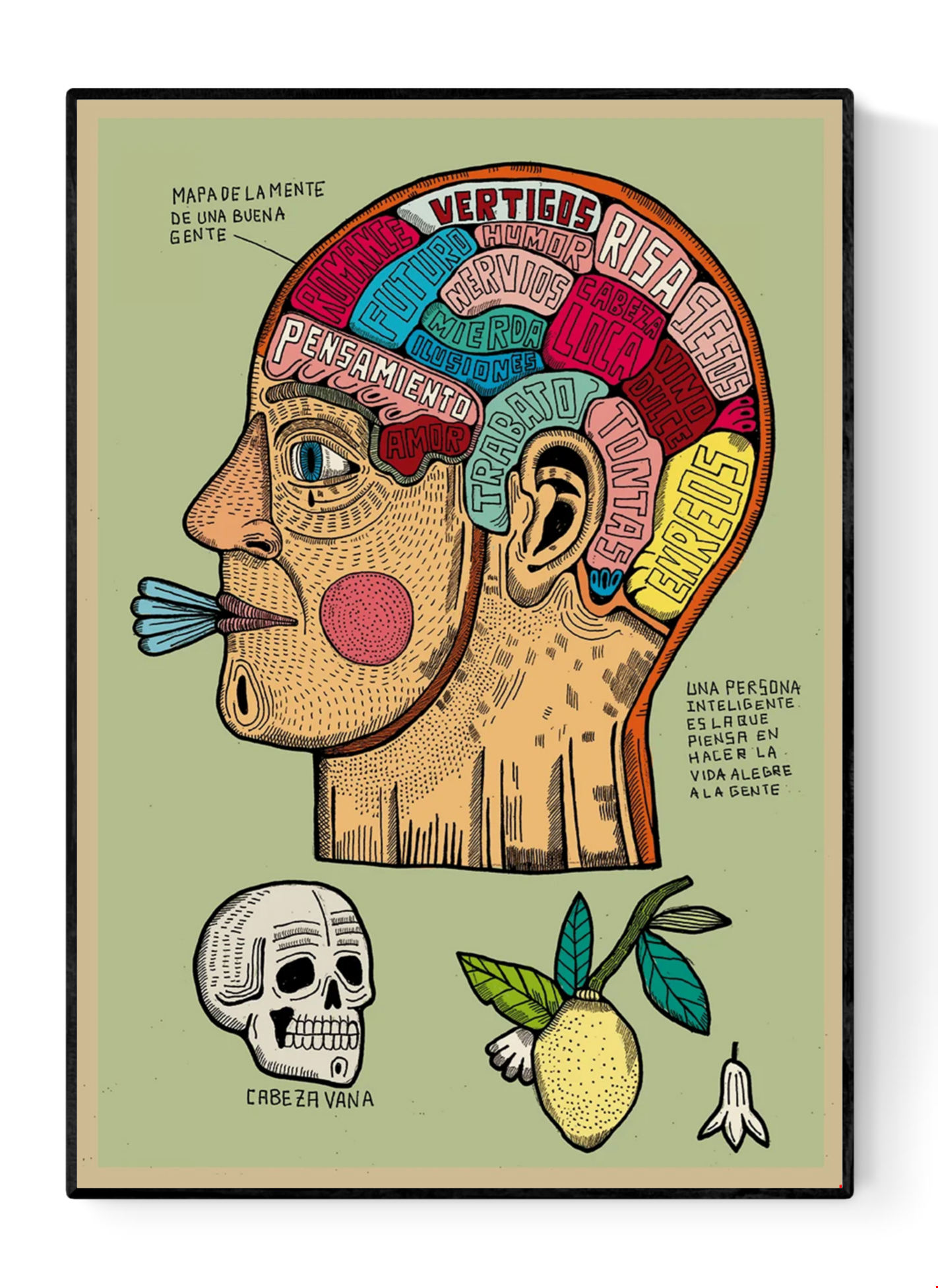 Mapa de la mente de una buena gente by Asis Percales – A3 surreal art print in bold circus and tattoo style, colorful Spanish illustration of a human head map filled with words and symbols.