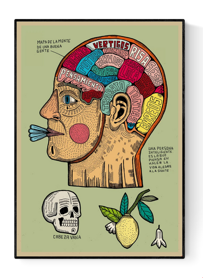 Mapa de la mente de una buena gente by Asis Percales – A3 surreal art print in bold circus and tattoo style, colorful Spanish illustration of a human head map filled with words and symbols.
