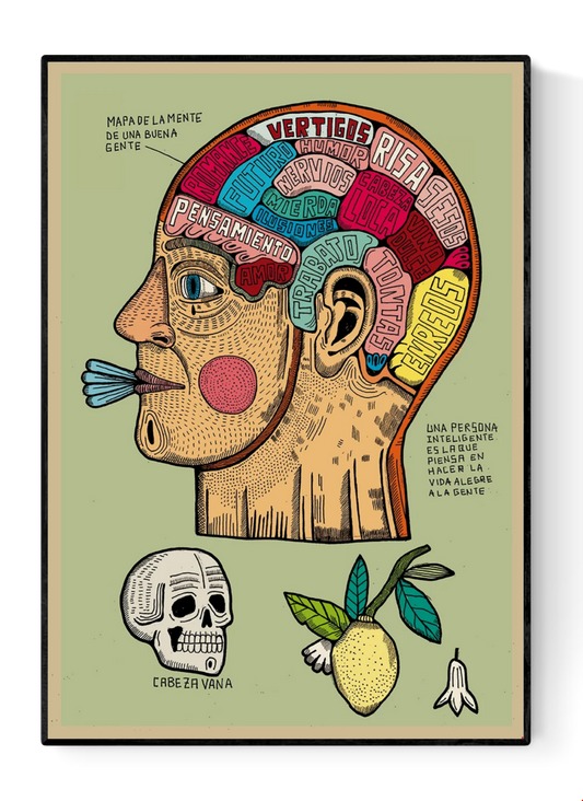 Mapa de la mente de una buena gente by Asis Percales – A3 surreal art print in bold circus and tattoo style, colorful Spanish illustration of a human head map filled with words and symbols.