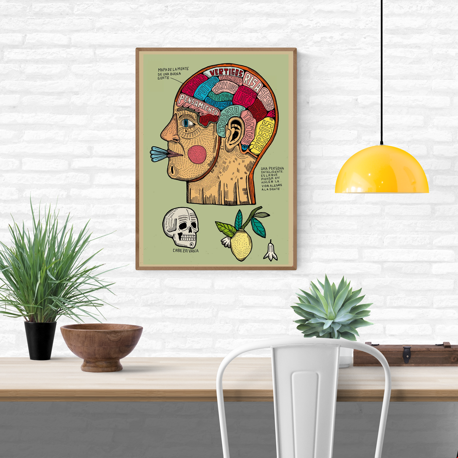 Mapa de la mente de una buena gente by Asis Percales – A3 surreal art print in bold circus and tattoo style, colorful Spanish illustration of a human head map filled with words and symbols.