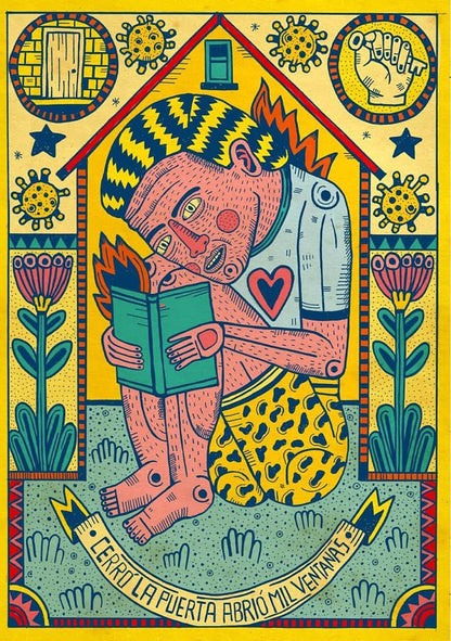 Cerró la puerta abrió mil ventanas by Asis Percales – A3 art print featuring surreal figure reading at home, colorful folk and circus-inspired Spanish illustration with symbolic motifs.