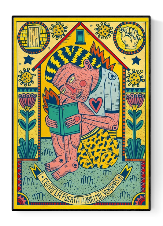 Cerró la puerta abrió mil ventanas by Asis Percales – A3 art print featuring surreal figure reading at home, colorful folk and circus-inspired Spanish illustration with symbolic motifs.