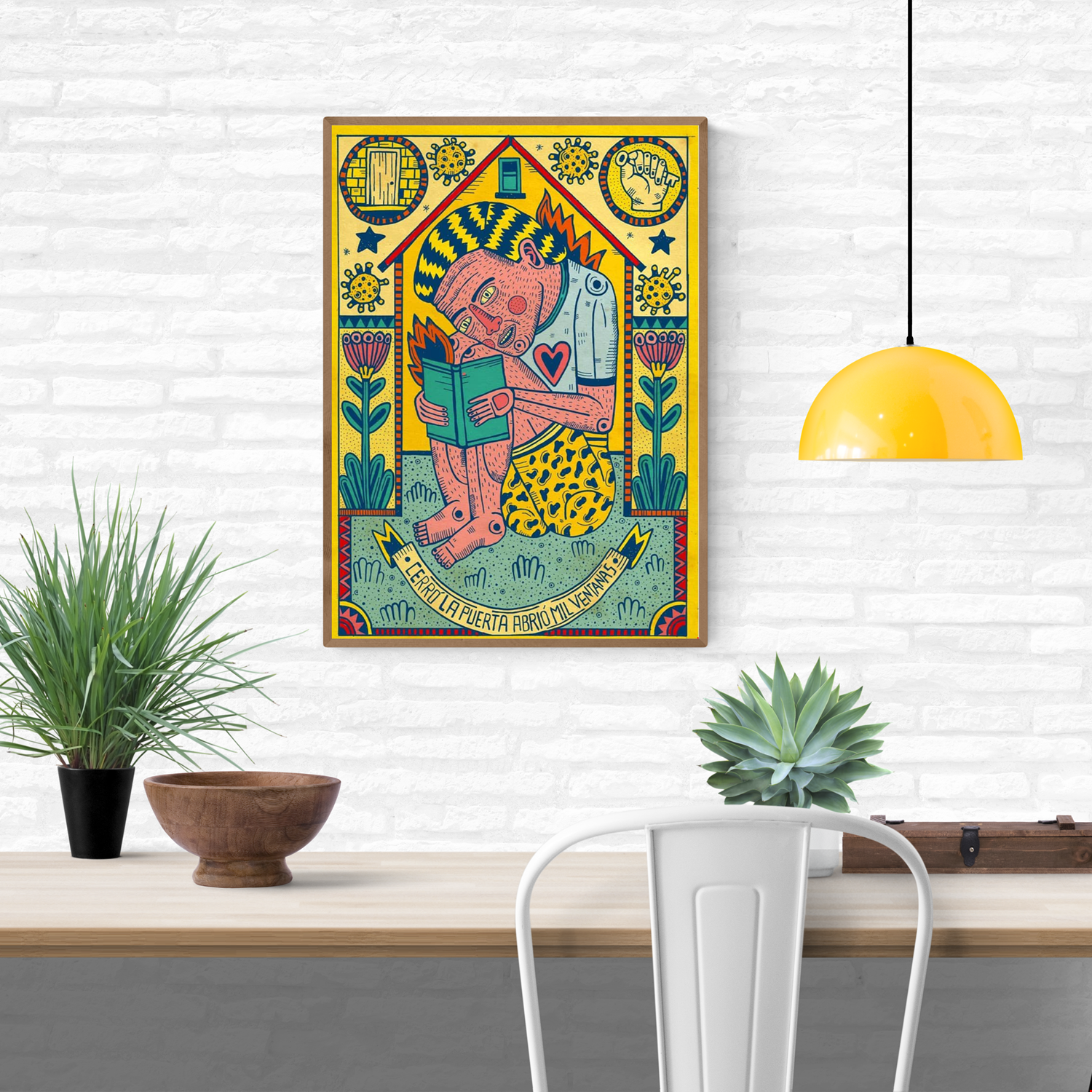 Cerró la puerta abrió mil ventanas by Asis Percales – A3 art print featuring surreal figure reading at home, colorful folk and circus-inspired Spanish illustration with symbolic motifs.