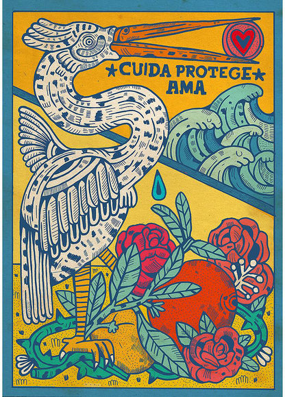 Cuida Protege Ama by Asis Percales – A3 art print with bold bird, waves, roses, and fruits in circus and tattoo-inspired Spanish illustration, colorful symbolic artwork.