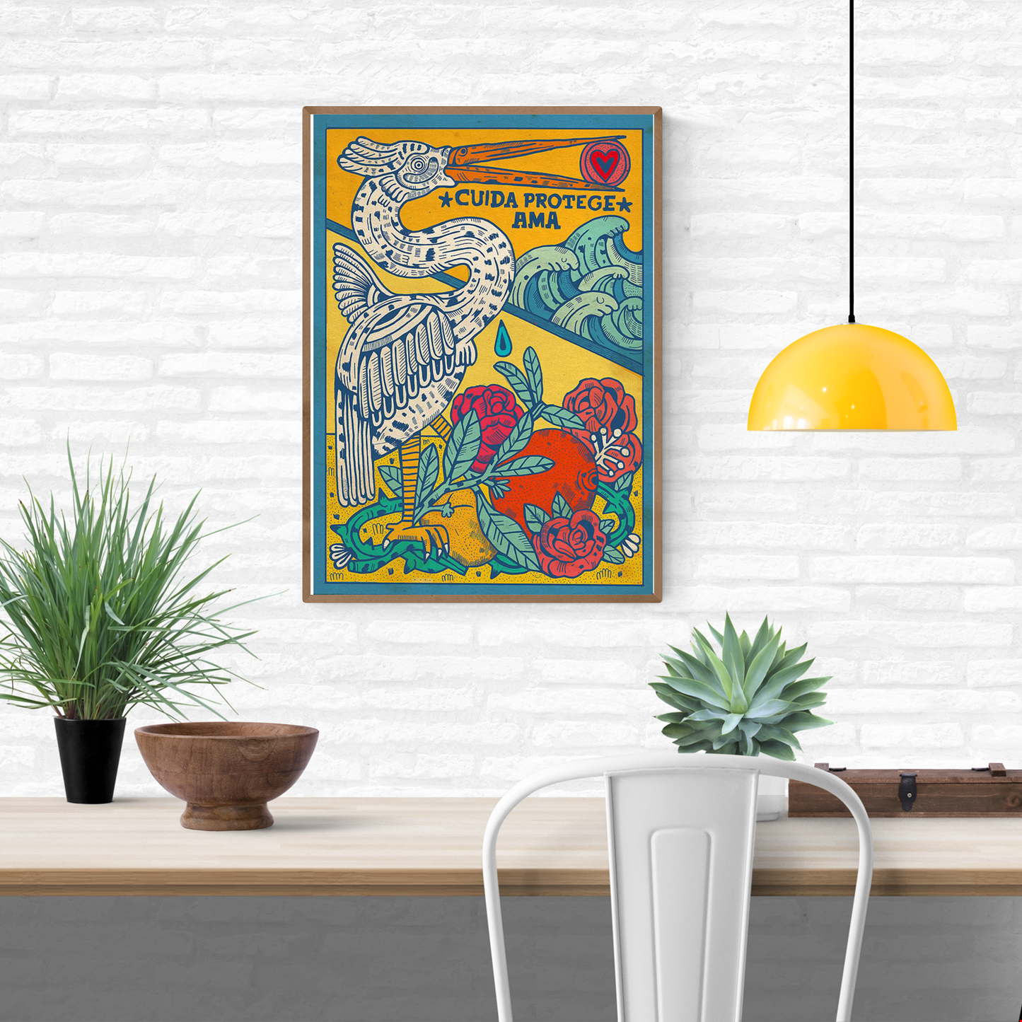 Cuida Protege Ama by Asis Percales – A3 art print with bold bird, waves, roses, and fruits in circus and tattoo-inspired Spanish illustration, colorful symbolic artwork.