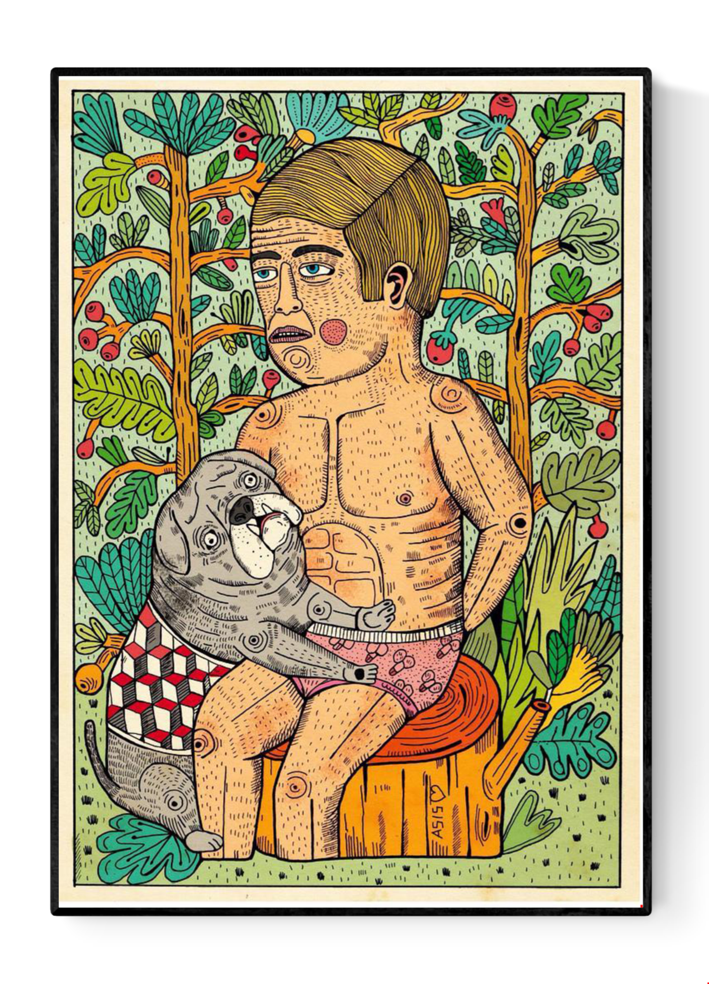 La perrita Canela by Asis Percales – A3 art print featuring surreal man and dog in a colorful forest, Spanish circus and tattoo-inspired illustration full of humor and symbolism.