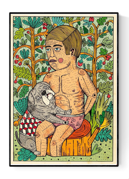 La perrita Canela by Asis Percales – A3 art print featuring surreal man and dog in a colorful forest, Spanish circus and tattoo-inspired illustration full of humor and symbolism.