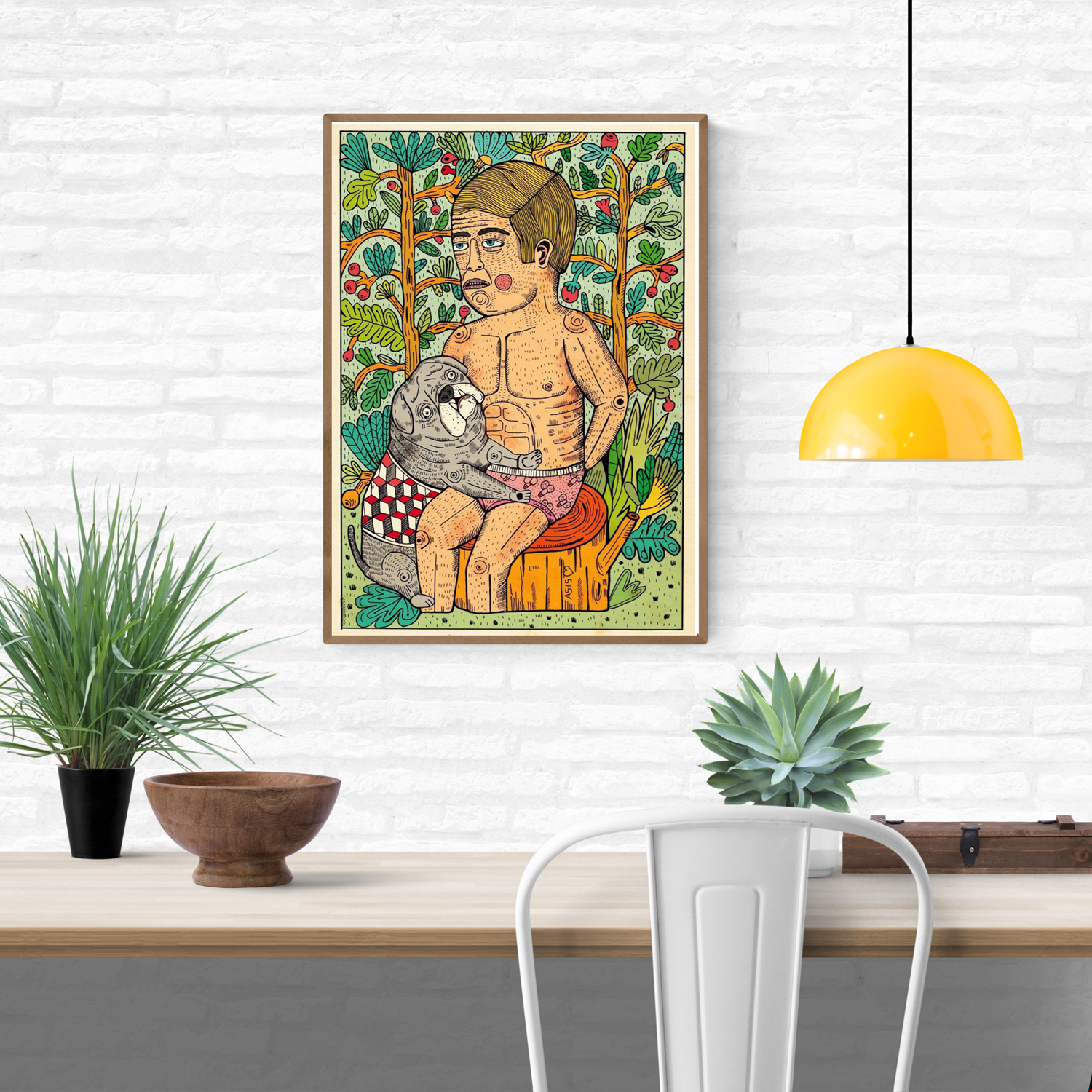 La perrita Canela by Asis Percales – A3 art print featuring surreal man and dog in a colorful forest, Spanish circus and tattoo-inspired illustration full of humor and symbolism.