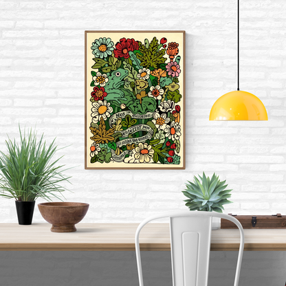 Nos quisieron enterrar pero no sabían que éramos semillas by Asis Percales – A3 Spanish illustration art print with flowers, frog, and inspirational quote, colorful tattoo circus-inspired artwork.