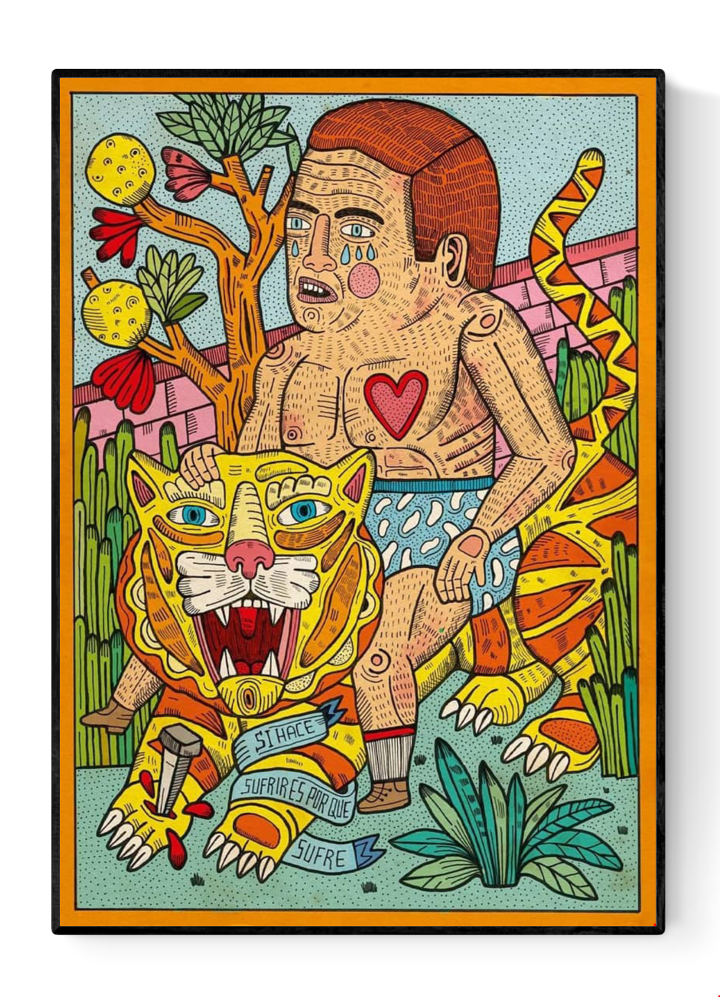 Si hace sufrir es porque sufre by Asis Percales – A3 art print with man riding tiger, tattoo-inspired Spanish illustration blending circus aesthetics, symbolism, and bold colors.