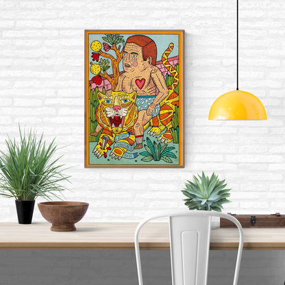 Si hace sufrir es porque sufre by Asis Percales – A3 art print with man riding tiger, tattoo-inspired Spanish illustration blending circus aesthetics, symbolism, and bold colors.