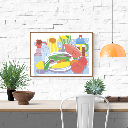 Colorful risograph art print titled Table d'été by Atelier Mio, featuring a still life of summer vegetables and tableware on a tiled surface. Printed on A3 Munken Print White paper in a signed and numbered limited edition of 100. Vibrant kitchen or dining room wall decor with Mediterranean charm.