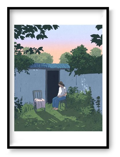 Peaceful and contemplative illustration by Victor Pellet titled 'Au Jardin,' showing a young woman seated quietly in a lush backyard garden at dusk. Framed by greenery, soft shadows, and a pastel sunset sky, this intimate scene evokes solitude, reflection, and the quiet beauty of everyday moments—perfect for minimalist interiors and lovers of poetic, narrative-driven art
