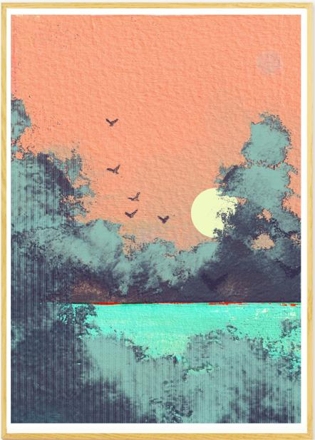 Dreamy four-color risograph art print titled Au lendemain by French artist Nattosito, featuring a soft coral sunrise over turquoise water with silhouetted trees and birds in flight. A limited edition A3 print on Munken Print White paper—perfect for modern, minimalist, and nature-inspired interiors.