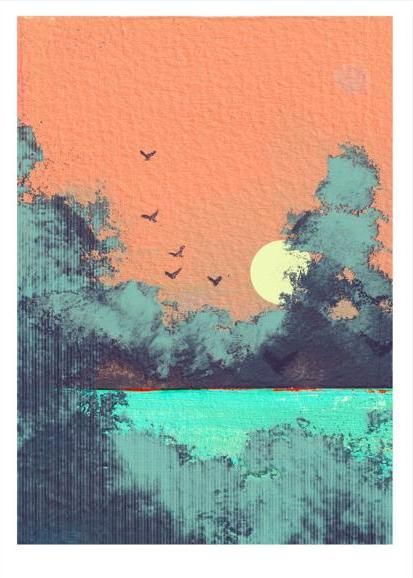 Dreamy four-color risograph art print titled Au lendemain by French artist Nattosito, featuring a soft coral sunrise over turquoise water with silhouetted trees and birds in flight. A limited edition A3 print on Munken Print White paper—perfect for modern, minimalist, and nature-inspired interiors.