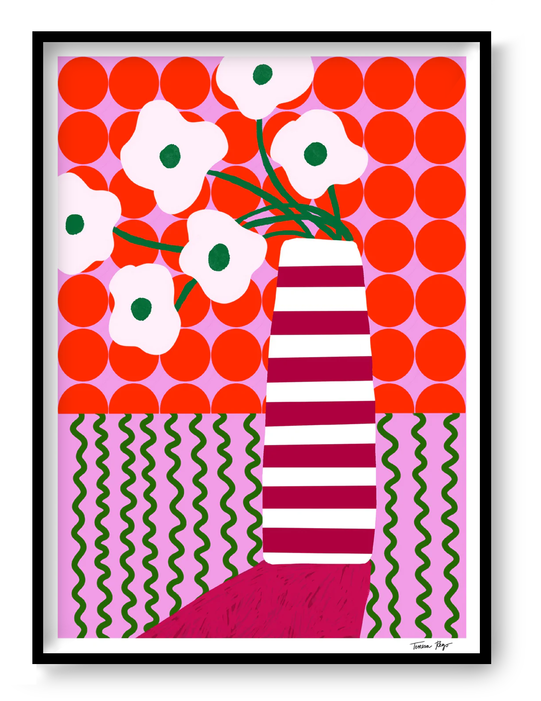 Colorful A4 Giclée print by Portuguese illustrator Teresa Rego – bold striped vase with playful white flowers, red, pink and green graphic patterns, printed on 315 gsm acid-free, 100% cotton fine art paper with pigment-based inks – vibrant botanical wall art for modern interiors.