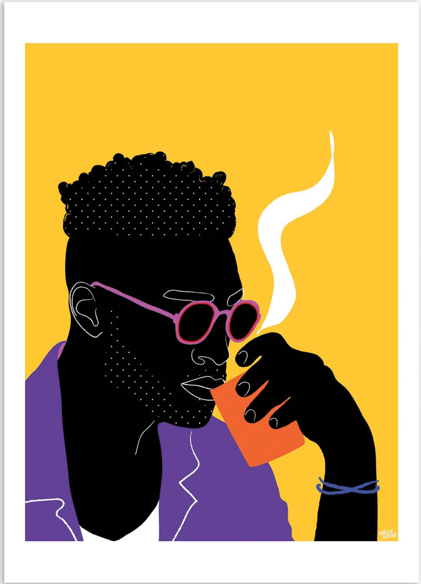 Haut en Couleurs V2 by Aurélia Durand – 30x40 cm colorful art print of a man drinking coffee, wearing purple sunglasses against a bright yellow background. Bold modern wall art celebrating diversity and vibrant pop culture style.