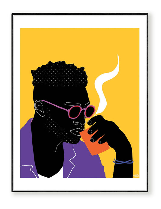 Haut en Couleurs V2 by Aurélia Durand – 30x40 cm colorful art print of a man drinking coffee, wearing purple sunglasses against a bright yellow background. Bold modern wall art celebrating diversity and vibrant pop culture style.