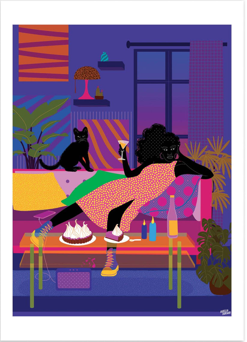 Netflix and Chill by Aurélia Durand – 30x40 cm art print of a stylish woman lounging on a sofa with a cocktail and dessert, surrounded by bold patterns, plants, and a black cat. Colorful, vibrant wall decor celebrating diversity and modern lifestyle.