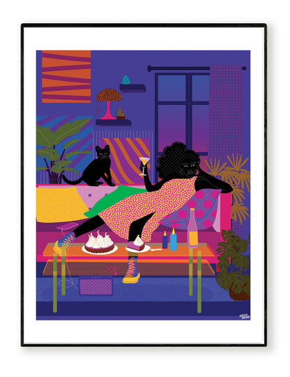 Netflix and Chill by Aurélia Durand – 30x40 cm art print of a stylish woman lounging on a sofa with a cocktail and dessert, surrounded by bold patterns, plants, and a black cat. Colorful, vibrant wall decor celebrating diversity and modern lifestyle.