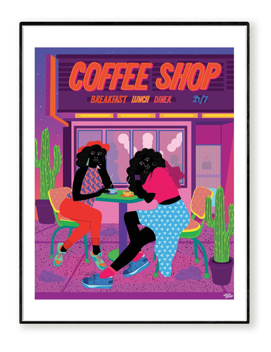 Dallas Coffee Shop by Aurélia Durand – 30x40 cm art print of two friends enjoying coffee outside a neon diner at night. Vibrant illustration full of bold colors, cacti, and cultural diversity, celebrating joy and connection. Printed in France on FSC-certified paper.