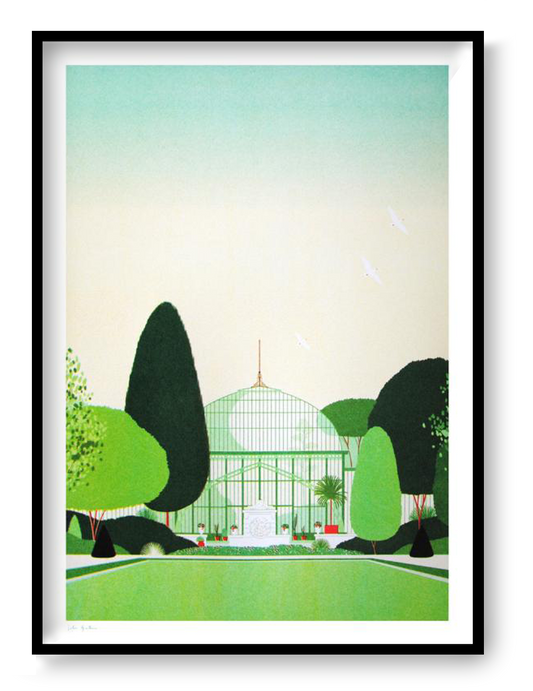 Elegant and minimalist illustration by Julie Guillem titled 'Auteuil,' featuring the iconic glasshouse of Jardin des Serres d’Auteuil in Paris, framed by lush geometric trees and a soft green sky. This serene architectural print captures the peaceful harmony of nature and structure—perfect for lovers of botanical gardens, Parisian landmarks, and refined modern decor