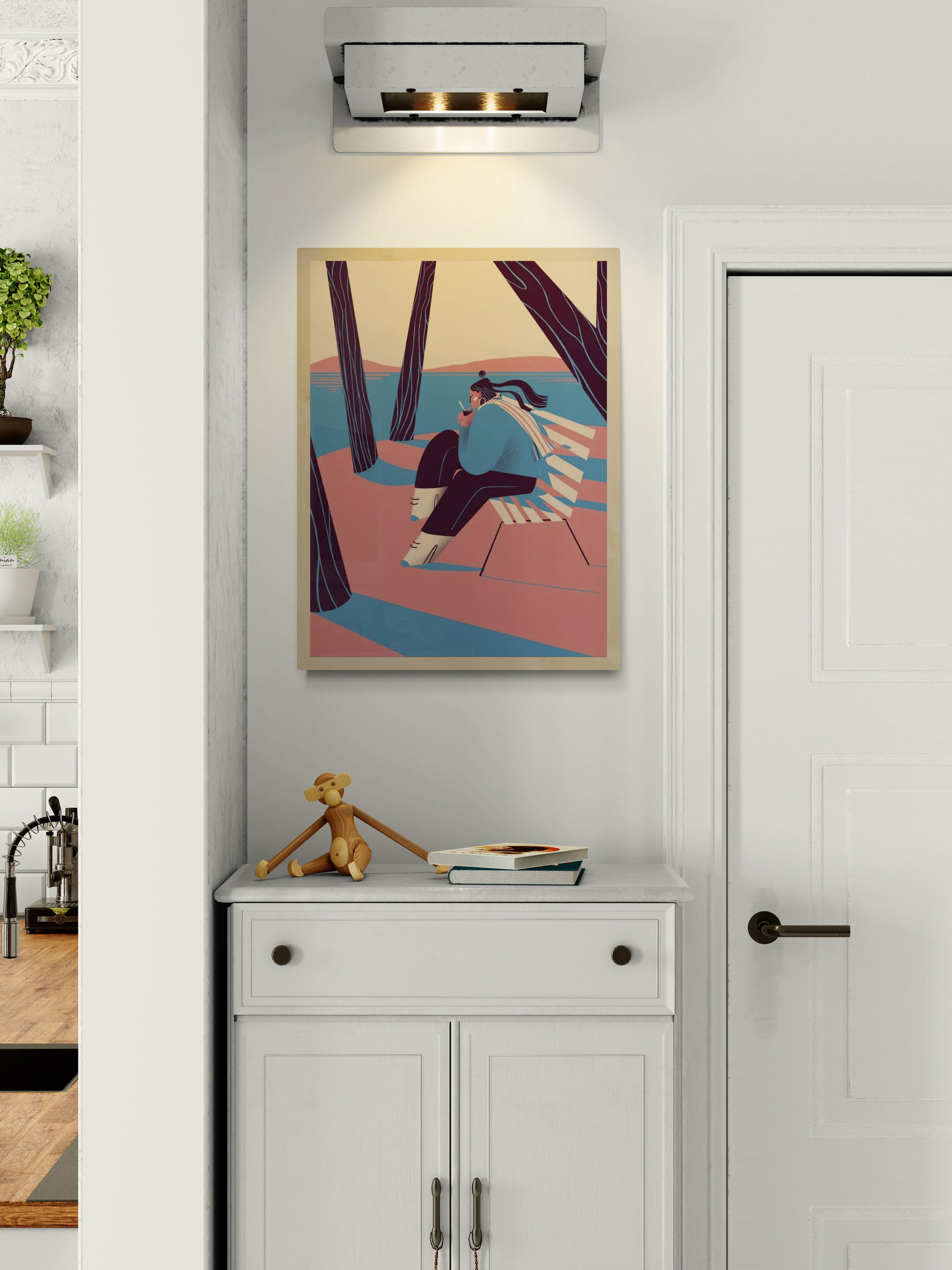 “Autumn” by Gheleyne Bastiaen – 30x40 cm art print of a woman sitting by the lake, sipping wine, with flowing scarf and soft shadows in pink, blue and cream tones, digital Belgian illustration.