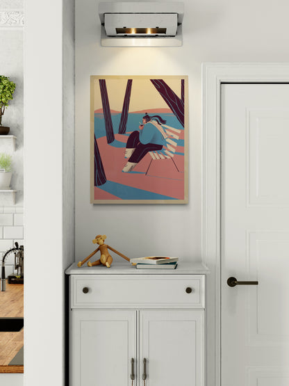 “Autumn” by Gheleyne Bastiaen – 30x40 cm art print of a woman sitting by the lake, sipping wine, with flowing scarf and soft shadows in pink, blue and cream tones, digital Belgian illustration.