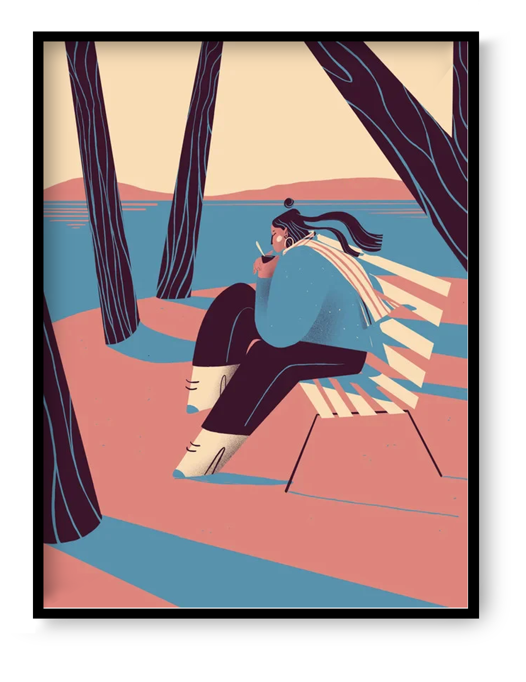 “Autumn” by Gheleyne Bastiaen – 30x40 cm art print of a woman sitting by the lake, sipping wine, with flowing scarf and soft shadows in pink, blue and cream tones, digital Belgian illustration.