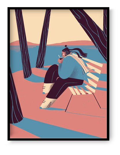 “Autumn” by Gheleyne Bastiaen – 30x40 cm art print of a woman sitting by the lake, sipping wine, with flowing scarf and soft shadows in pink, blue and cream tones, digital Belgian illustration.